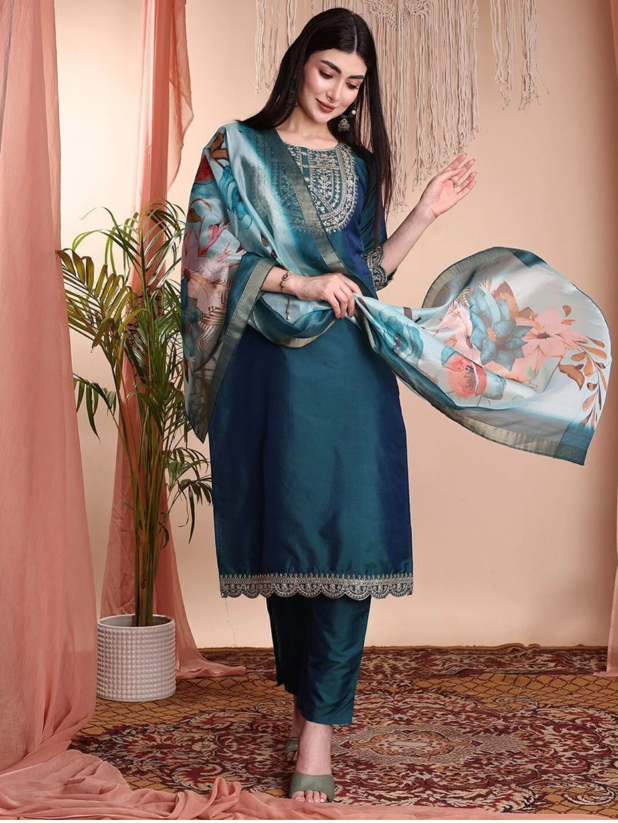 Kurta Pant Set with Printed Dupatta